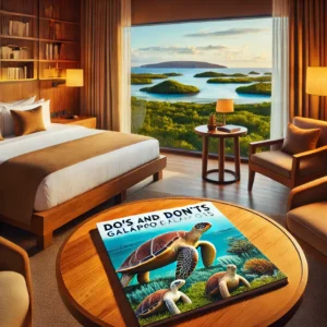 A cozy hotel room with a warm and inviting design, featuring wooden furniture, soft lighting, and a single postcard on the table that says 'Do’s and Don'ts Galapagos'