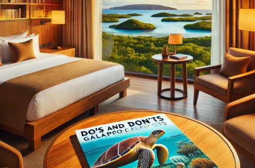 A cozy hotel room with a warm and inviting design, featuring wooden furniture, soft lighting, and a single postcard on the table that says 'Do’s and Don'ts Galapagos'