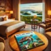 A cozy hotel room with a warm and inviting design, featuring wooden furniture, soft lighting, and a single postcard on the table that says 'Do’s and Don'ts Galapagos'