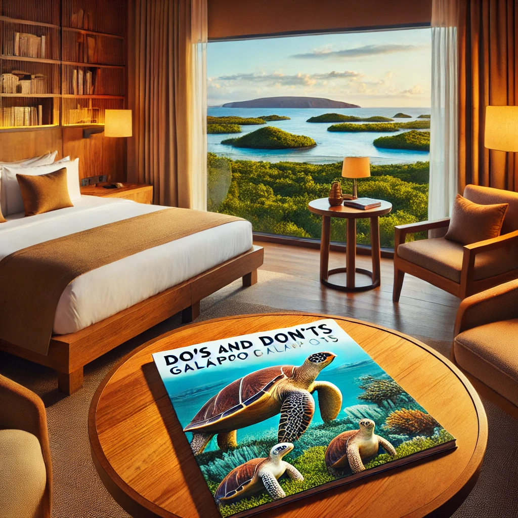 A cozy hotel room with a warm and inviting design, featuring wooden furniture, soft lighting, and a single postcard on the table that says 'Do’s and Don'ts Galapagos'