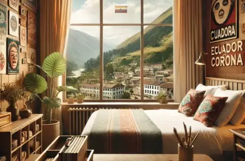A cozy hotel room with a large window overlooking the Ecuadorian landscape during the Corona pandemic. The room is decorated with subtle travel themed