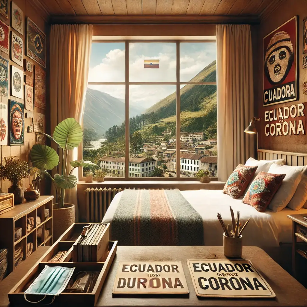 A cozy hotel room with a large window overlooking the Ecuadorian landscape during the Corona pandemic. The room is decorated with subtle travel themed