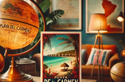A cozy, travel-themed room with warm lighting, featuring a single postcard on a desk or shelf. The postcard highlights a tropical beach scene from Playa del Carmen
