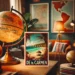A cozy, travel-themed room with warm lighting, featuring a single postcard on a desk or shelf. The postcard highlights a tropical beach scene from Playa del Carmen