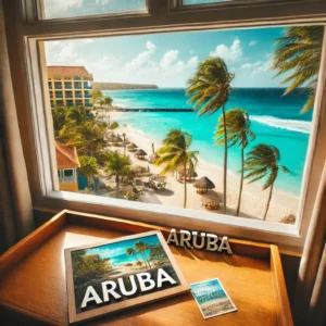 stunning view from a hotel room window overlooking the beautiful beaches of Aruba. The scene captures the turquoise ocean, white sandy beaches.