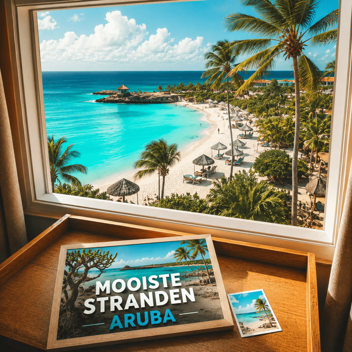 Mooiste stranden van Aruba met turquoise zee, wit zand en tropische palmbomen.