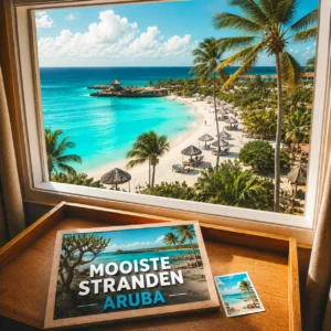 Mooiste stranden van Aruba met turquoise zee, wit zand en tropische palmbomen.