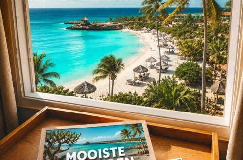 Mooiste stranden van Aruba met turquoise zee, wit zand en tropische palmbomen.