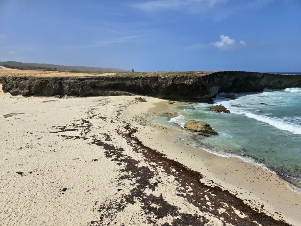 Ruig strand en golven aan de kust van Arikok National Park Aruba