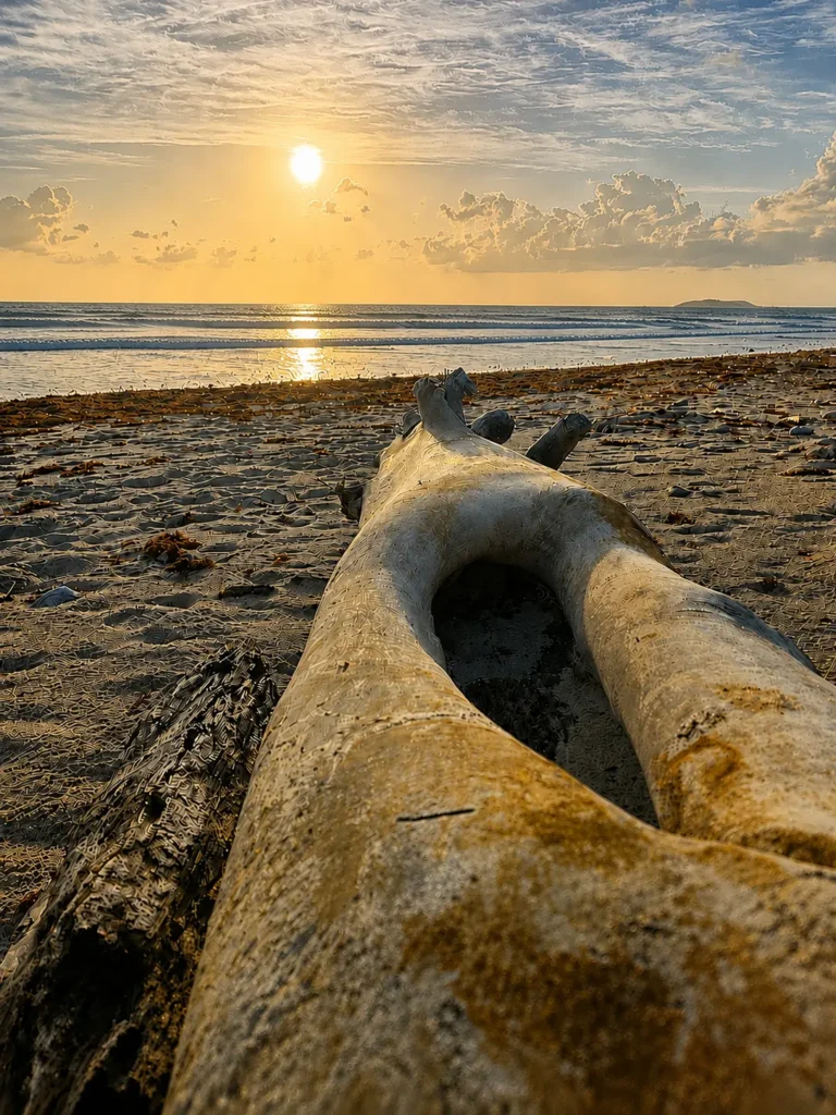 Zonsopkomst boven de Caribische Zee met een grote aangespoelde boomstam op het strand van Aruba