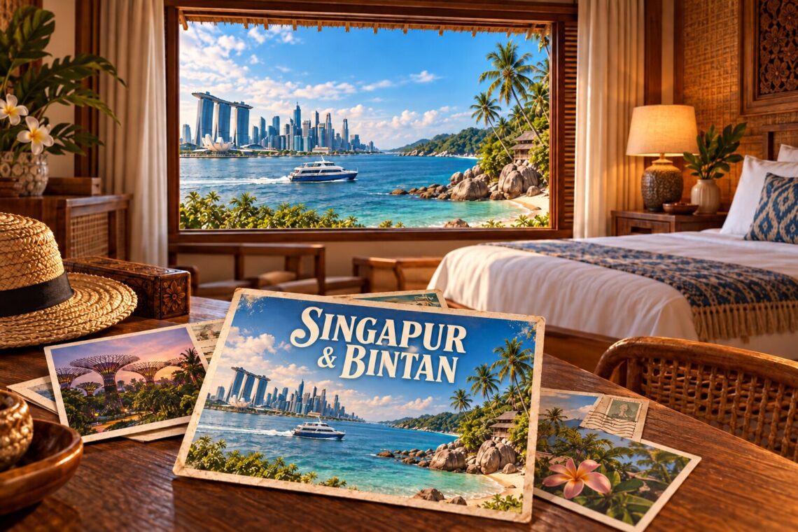 Ilustración generada con IA de unas postales en una habitación, con el horizonte de Singapur y la costa de Bintan
