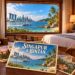 Ilustración generada con IA de unas postales en una habitación, con el horizonte de Singapur y la costa de Bintan