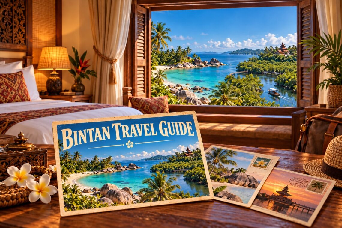 AI-generated illustration of postcards in a hotel room, showing Bintan's coast, a temple, and mangroves