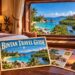 AI-generated illustration of postcards in a hotel room, showing Bintan's coast, a temple, and mangroves