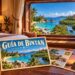 Ilustración generada con IA de unas postales en una habitación, con la costa, un templo y manglares de Bintan