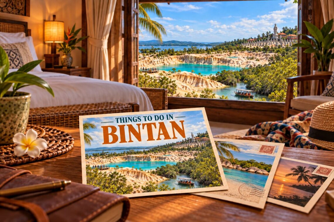 AI-generated illustration of postcards in a hotel room, showing Blue Lake, temples, and mangroves on Bintan