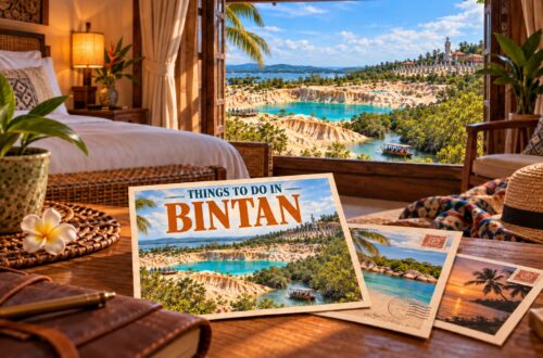 AI-generated illustration of postcards in a hotel room, showing Blue Lake, temples, and mangroves on Bintan