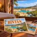 AI-generated illustration of postcards in a hotel room, showing Blue Lake, temples, and mangroves on Bintan