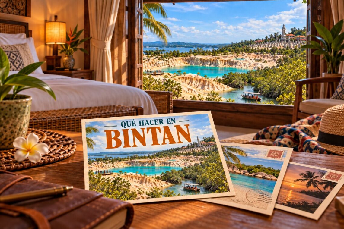 Ilustración generada con IA de unas postales en una habitación, con Blue Lake, templos y manglares de Bintan