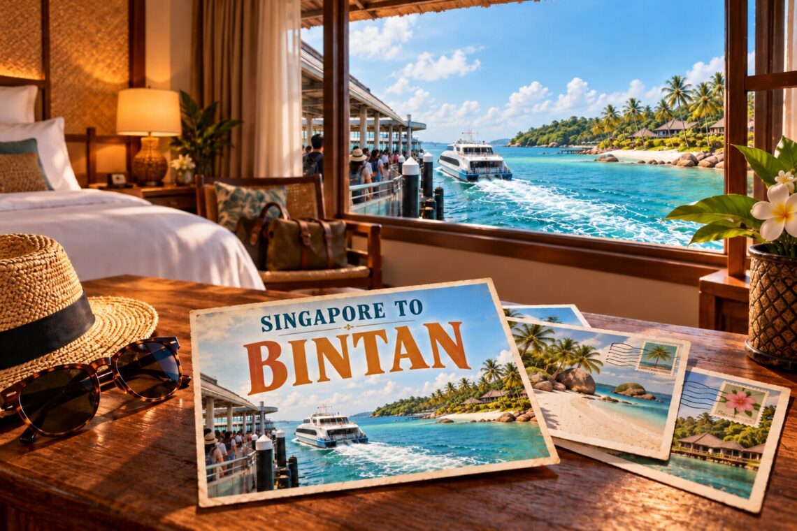 AI-generated illustration of postcards in a hotel room, showing a ferry by Bintan's coast