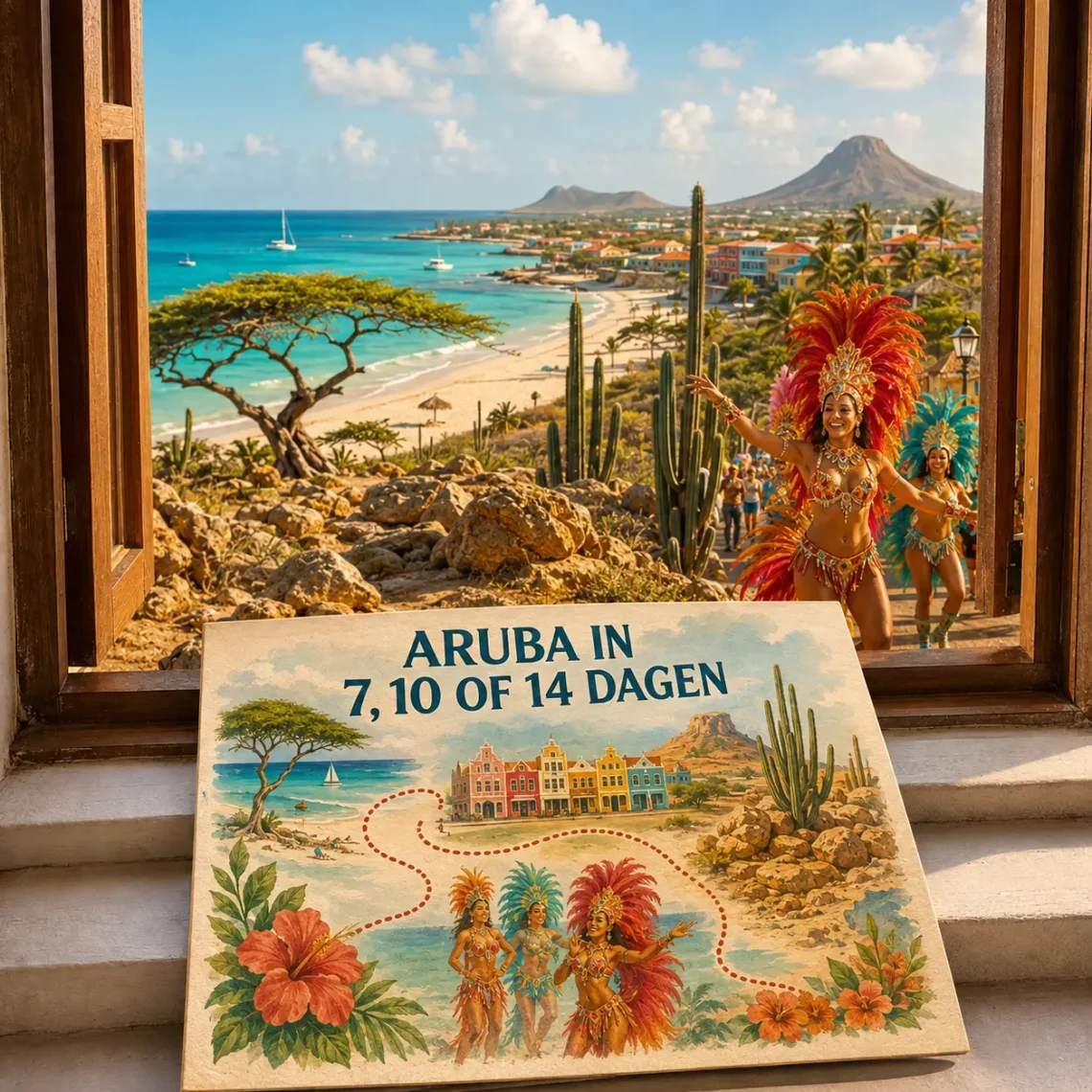Geïllustreerde postcard met strand, carnaval en het ruige landschap van Aruba