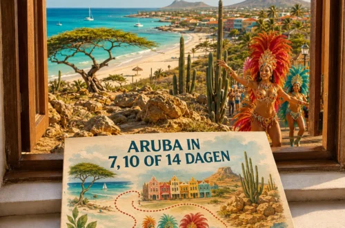Geïllustreerde postcard met strand, carnaval en het ruige landschap van Aruba