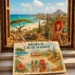 Geïllustreerde postcard met strand, carnaval en het ruige landschap van Aruba
