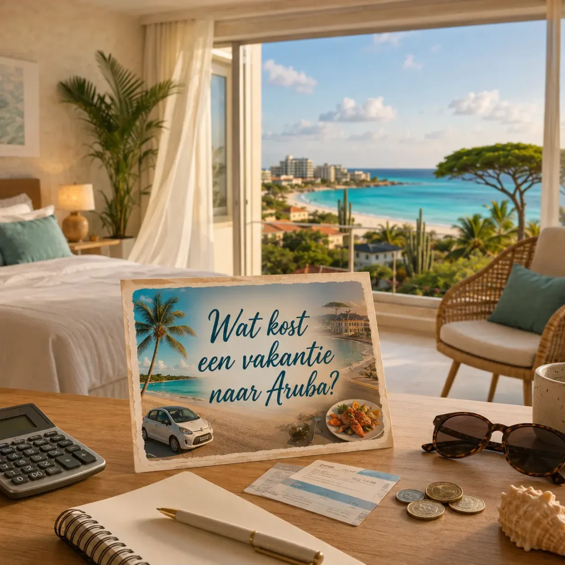 Moderne hotelkamer op Aruba met een postcard, calculator en reisbudget op tafel