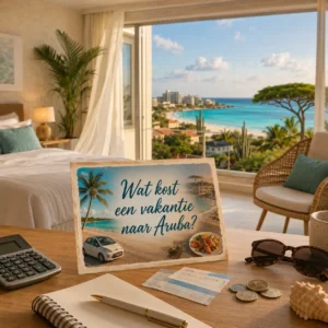 Moderne hotelkamer op Aruba met een postcard, calculator en reisbudget op tafel