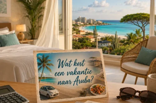 Moderne hotelkamer op Aruba met een postcard, calculator en reisbudget op tafel
