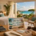 Moderne hotelkamer op Aruba met een postcard, calculator en reisbudget op tafel