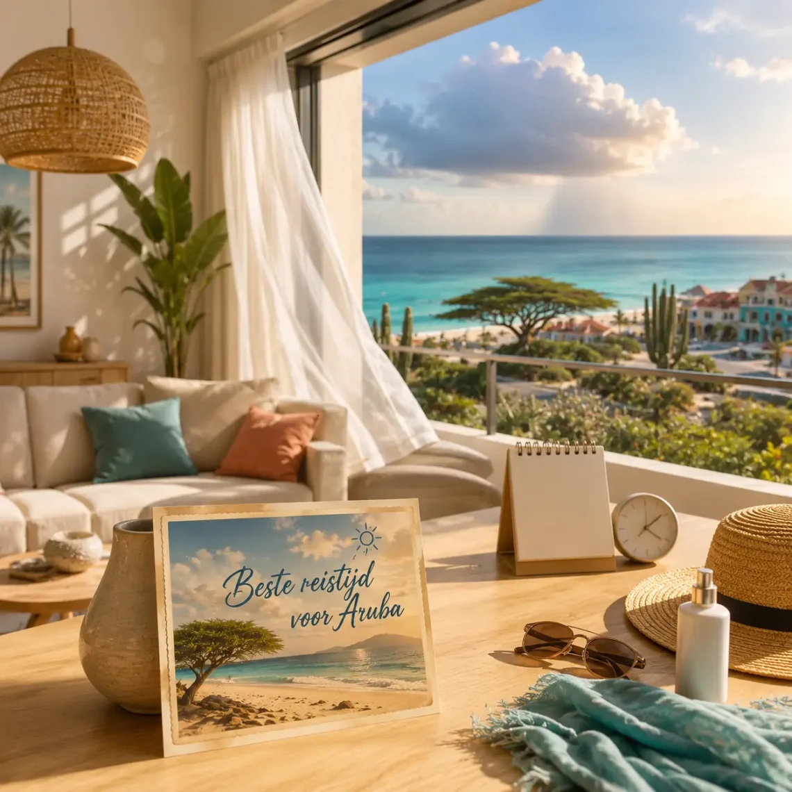 Moderne kamer op Aruba met een postcard, kalender, zonnehoed en een korte regenbui boven zee