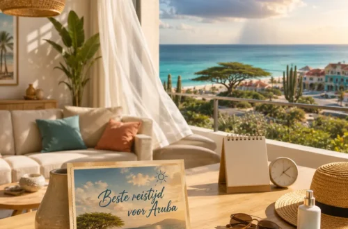 Moderne kamer op Aruba met een postcard, kalender, zonnehoed en een korte regenbui boven zee