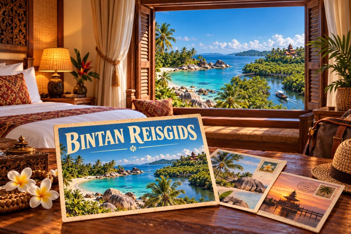 AI-sfeerillustratie met een Bintan-ansichtkaart in een hotelkamer en een samengesteld uitzicht op strand, mangroves en tempel