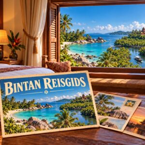 AI-sfeerillustratie met een Bintan-ansichtkaart in een hotelkamer en een samengesteld uitzicht op strand, mangroves en tempel