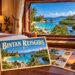 AI-sfeerillustratie met een Bintan-ansichtkaart in een hotelkamer en een samengesteld uitzicht op strand, mangroves en tempel