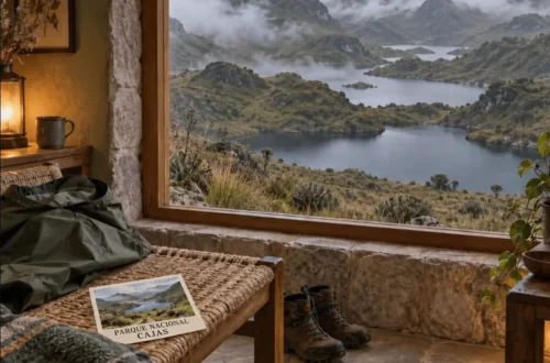AI-generated illustration of a mountain lodge overlooking misty lakes and páramo scenery, with a postcard of Parque Nacional Cajas.