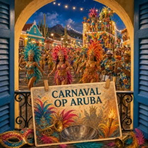 Arubaans carnaval met een kleurrijke parade, muzikanten en een postcard op een balkon