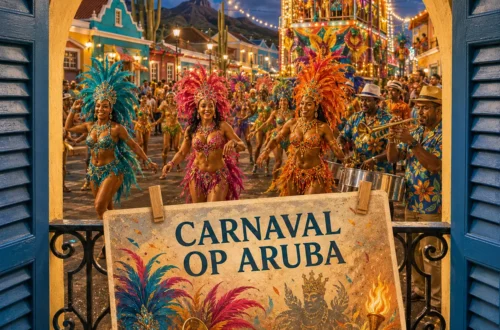 Arubaans carnaval met een kleurrijke parade, muzikanten en een postcard op een balkon