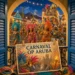 Arubaans carnaval met een kleurrijke parade, muzikanten en een postcard op een balkon