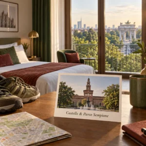 AI-beeld van een hotelkamer met uitzicht op Arco della Pace en een ansichtkaart van Castello Sforzesco