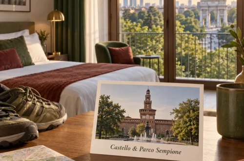 AI-beeld van een hotelkamer met uitzicht op Arco della Pace en een ansichtkaart van Castello Sforzesco