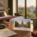 AI-beeld van een hotelkamer met uitzicht op Arco della Pace en een ansichtkaart van Castello Sforzesco