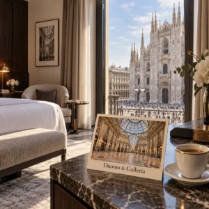 AI-beeld van een hotelkamer met uitzicht op de Duomo en een ansichtkaart van de Galleria Vittorio Emanuele II