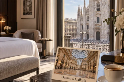 AI-beeld van een hotelkamer met uitzicht op de Duomo en een ansichtkaart van de Galleria Vittorio Emanuele II