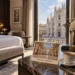 AI-beeld van een hotelkamer met uitzicht op de Duomo en een ansichtkaart van de Galleria Vittorio Emanuele II