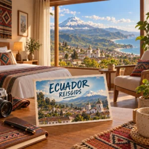 Geïllustreerde hotelkamer met uitzicht op de Andes, een Ecuadoraanse stad en de kust