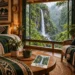 AI-generated illustration of a lodge overlooking a waterfall in a green gorge, with a postcard of El Chorro de Girón.