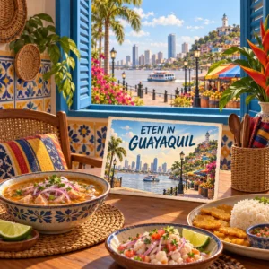 Geïllustreerde eetkamer met Ecuadoriaanse kustgerechten en uitzicht op de boulevard en skyline van Guayaquil