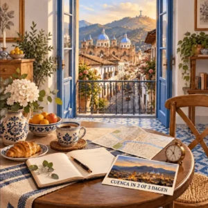 AI-illustratie van een lichte reiskamer met uitzicht op Cuenca en een ansichtkaart met Cuenca in 2 of 3 dagen